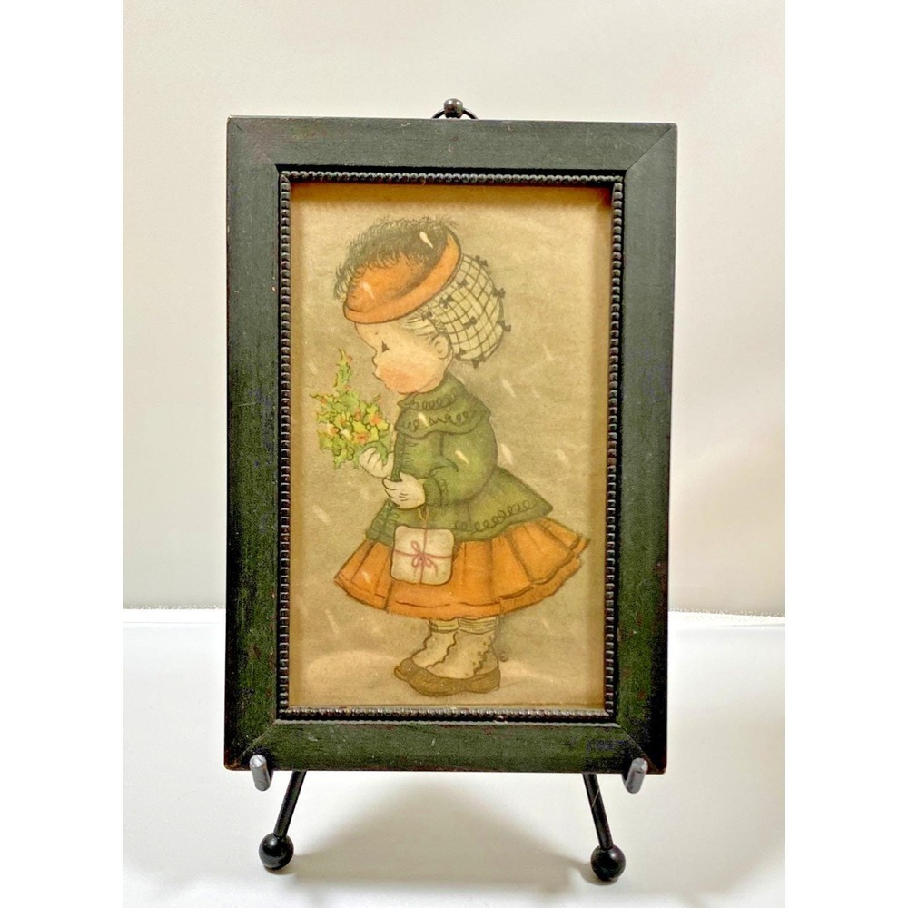 Vintage Hummel Art Style Black Framed Greeting Card Sweet Girl Bouquet Snow